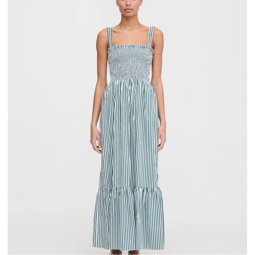 Hill House Anjuli Nap Dress Smocked Green White Striped Midi Maxi Medium M - Picture 2 of 6
